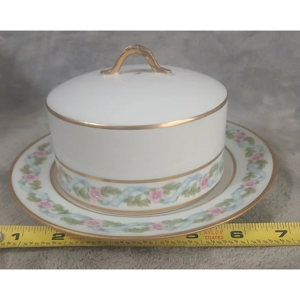 GDA‎ Limoges France Porcelain Covered Butter Dish Pink Floral Blue Ribbon Gold